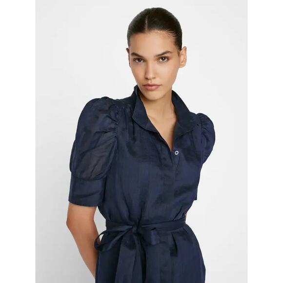 Frame Gillian Puff Sleeve Tie Waist Shirt Midi Dress Navy Women's Size XL NWT - Picture 2 of 13
